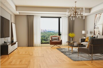 Fototapeta premium White living room interior with empty white poster, stairs, arch, sofa, wooden shelf, coffee table and panoramic window. Concept of minimalist design. Space for creative idea. Mock up. 3D Rendering