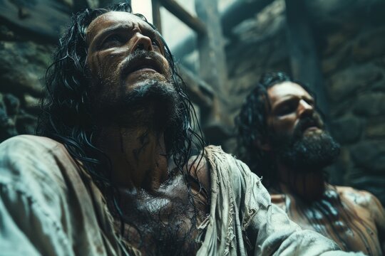 Paul and Silas in the prison, Bible story.	
