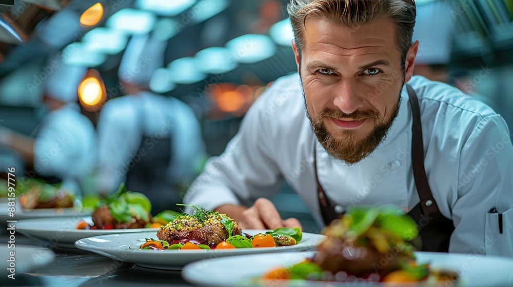 Wall mural a man is seated at a table with an array of dishes in front of him