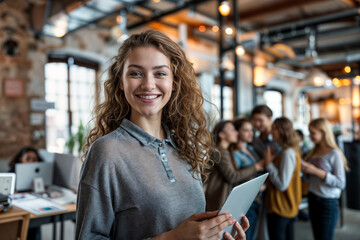 Smiling young woman holding tablet in modern open-plan office, coworkers socializing in background, casual work environment, bright daylight, collaborative workspace