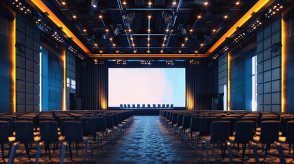 Business event in conference hall meeting room Seminar room indoor style Modern size Large big screen Frame Mockup LED Light black chair black wall background