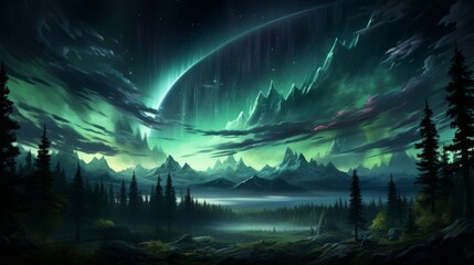 Nighttime Mountain Landscape with Green Aurora Borealis