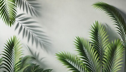 Tropical palm leaves on white wall with daylight