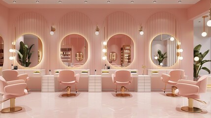 A modern, girly salon in the UK. It's crucial that the design features an open floor plan, 4 styling stations with large mirrors, and a comfortable seating area. copy space for text.