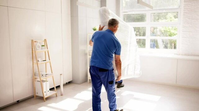 Professional movers delivering a new mattress to a bedroom