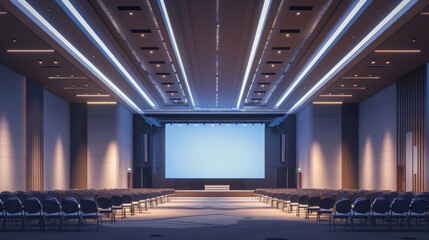 Business event in conference hall meeting room Seminar room indoor style Modern size Large big screen Frame Mockup chair wall background