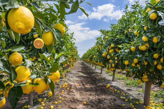 Rows of ripe lemon trees in a sunny citrus grove