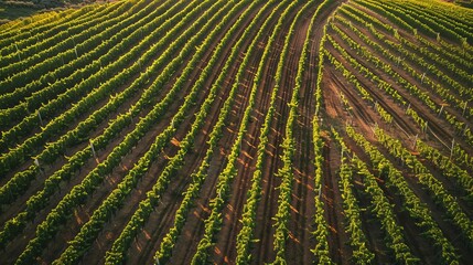 Fototapeta premium An aerial view captured by a drone, showcasing vineyard fields in the Somontano Designation of Origin wine region, located in the province of Huesca, Aragon, Spain.