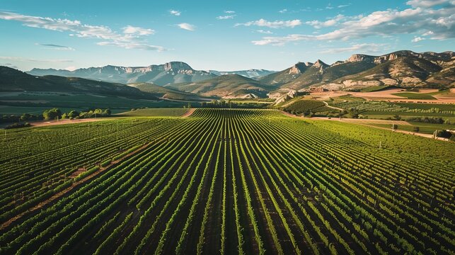 An aerial view captured by a drone, showcasing vineyard fields in the Somontano Designation of Origin wine region, located in the province of Huesca, Aragon, Spain.
