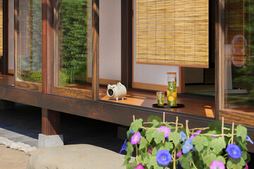 夏の日本家屋の縁側に置かれた冷茶と蚊取り豚 / 夏休み・帰省・田舎の実家・昭和レトロなロケーションイメージ / 3Dレンダリング