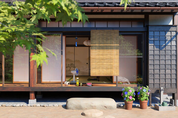 爽やかな朝日が差し込む夏の日本家屋の縁側 / 夏休み・帰省・田舎の実家・昭和レトロなロケーションイメージ / 3Dレンダリング