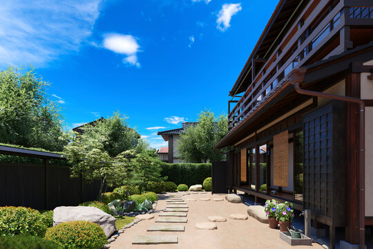 強い日差しが降り注ぐ夏の庭と木造の日本家屋 / 夏休み・帰省・田舎の実家・昭和レトロなロケーションイメージ / 3Dレンダリング