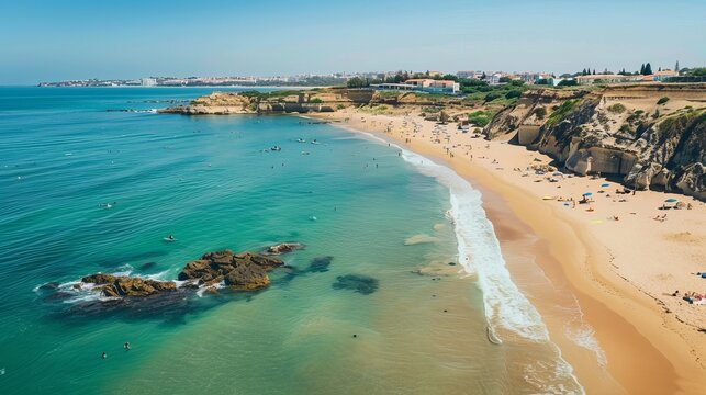 The beautiful beach of Carcavelos, Portugal, known for its long stretch of golden sand and inviting Atlantic Ocean waters.