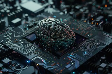 Digital illustration of a brain connected to a microcircuit and processor chip, symbolizing cyborg technology in the human body.