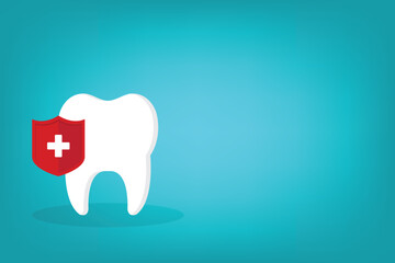 Dental Care, protection. Tooth icon and red protection shield.	