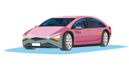 Perspective view of sedan car pink electric vehicles car. Can view interior console with seat. white blue shadow.  Isolated white background.