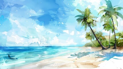 Fototapeta premium Watercolor illustration of tropical beach with palm trees.