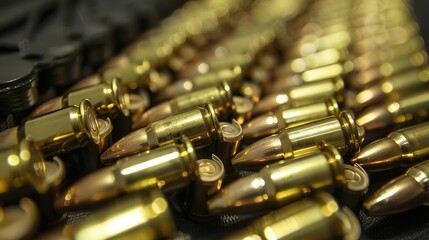 Naklejka premium A photograph featuring 5.56mm ammunition, machine gun bullets in a belt, and rifle ammunition loaded in magazines.