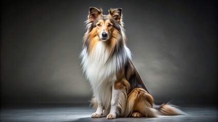 Wide shot of a Collie sitting, studio portrait.