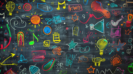 Obraz premium Blackboard Covered in Colorful Drawings, Educational Creative Concepts, Vibrant Chalk Art, Learning and Teaching Visuals, Classroom Design, Imaginative Illustration, Fun Playful Doodles