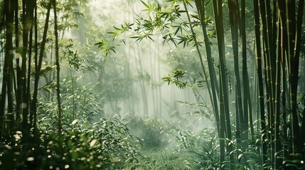 Fototapeta premium Finding relaxation amidst the serene ambiance of a bamboo forest, immersing oneself in the tranquility and natural beauty that surrounds.