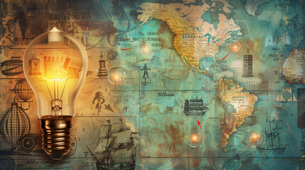 Global Education Concept with Lightbulb Map and Travel-Themed Elements in a Creative Collage for International Studies and Knowledge Exchange