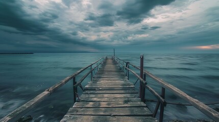 Fototapeta premium A serene sea landscape under a cloudy evening sky, featuring a sea bridge in Ravda, Bulgaria, with a slow-motion effect to capture the tranquil atmosphere.