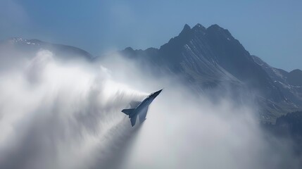 Fototapeta premium SION, SWITZERLAND - SEPTEMBER 17, 2011: A jet plane breaks the sound barrier in a spectacular display during the Breitling Sion airshow, thrilling the audience with high-speed aerobatics.