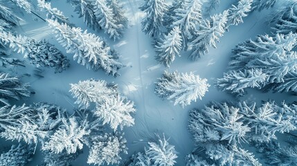 Ski tracks winding through a winter forest. Aerial view of snow-covered larch trees in the morning, showcasing the beauty of northern nature and promoting ecological tourism in the woodland.