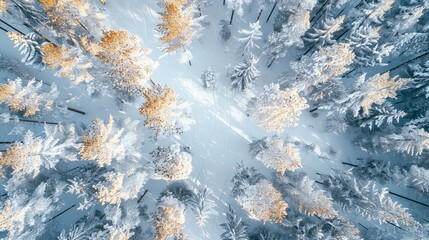 Obraz premium Ski tracks winding through a winter forest. Aerial view of snow-covered larch trees in the morning, showcasing the beauty of northern nature and promoting ecological tourism in the woodland.