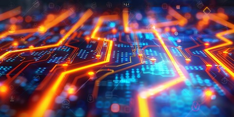 Fototapeta premium Close-up view of glowing circuit board pathways.