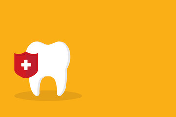 Dental Care, protection. Tooth icon and red protection shield.	