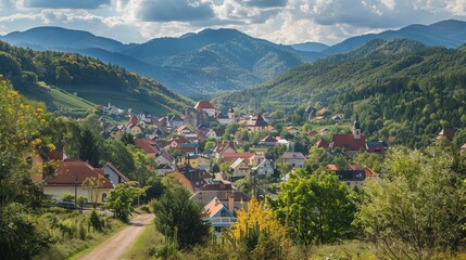 Fototapeta premium View of the Liptov village of Kalameny on the way to the ruins of Liptov Castle.