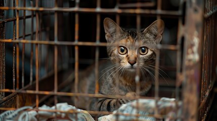 West Java, August 17, 2023: A cat in a cage, ready to be taken to the vet for treatment.