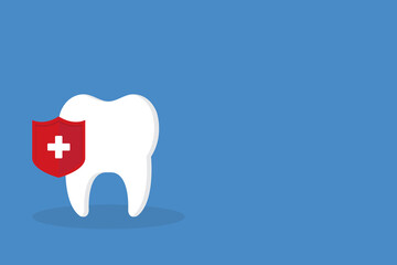 Dental Care, protection. Tooth icon and red protection shield.	