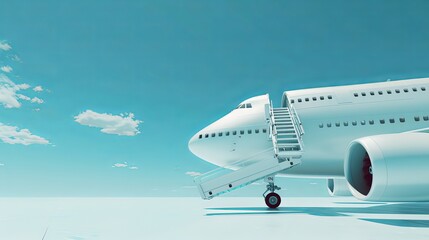 A white passenger airliner with a stairway, isolated against a bright sky background.
