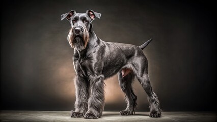 Wide shot of a Giant Schnauzer standing, studio portrait.