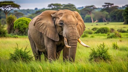 Fototapeta premium Elephant eating grass in the wild, Elephant, grass, wildlife, nature, eating, herbivore, large, mammal, tusks, trunk
