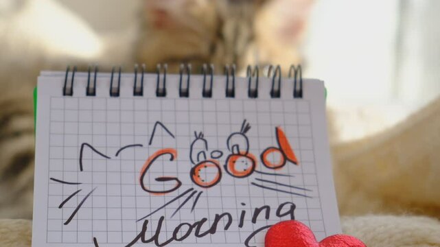 Text Good Morning on paper, notepad. Motivation. Love. Atmospheric mood. Cute kitten 