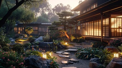 Fototapeta premium Typical Japanese gardens at first light in the morning. Warm vibes. House lights on. copy space for text.