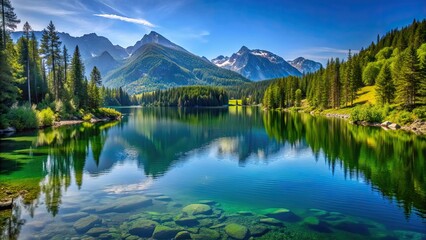 Mountain landscape with a pristine lake, surrounded by green forests and a clear blue sky , mountains, lake, landscape