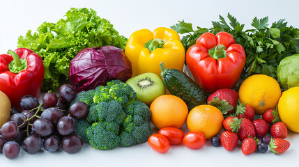 Set of healthy fruits, vegetables and berries, isolated on a white background.