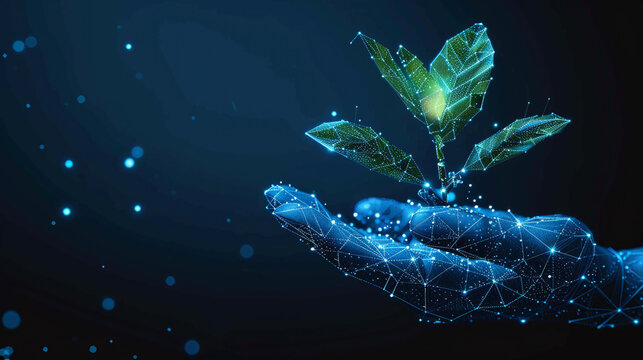 Abstract extends a hand to a young plant in the soil. Blue geometric background. Frame structure for connecting light.