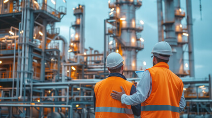 Maintenance and Service in Hazardous Areas by Oil and Gas Industry Workers with Protective Gear and Safety Equipment During Fieldwork and Inspection of Pipelines and Machinery