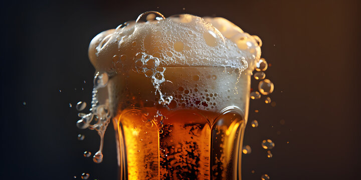 Plano a detalle de un tarro de cerveza con mucha espuma en fondo negro 