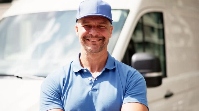Professional Delivery Men Smiling in Uniform Near Service Truck on a Sunny Day