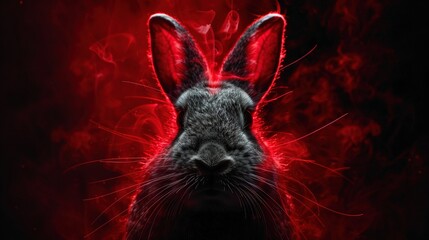   A rabbit's face, illuminated by red lights emanating from its ears and eyes