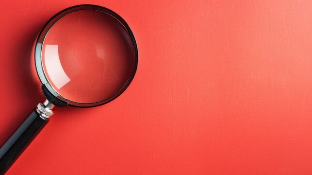Close up top view of magnifying glass on red background