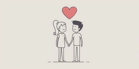 National Girlfriend Day. One line drawing style, a cute couple holding hands and standing next to each other, a red heart above their heads. valentine's day theme featuring a red heart and love sign