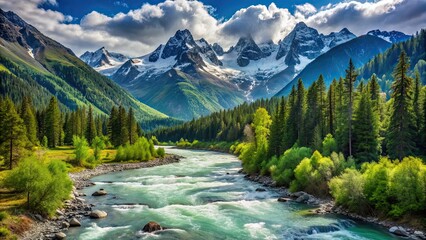 Obraz premium Scenic view of mountain landscape with snow-capped peaks, lush green forests, and rushing rivers, mountains, landscape